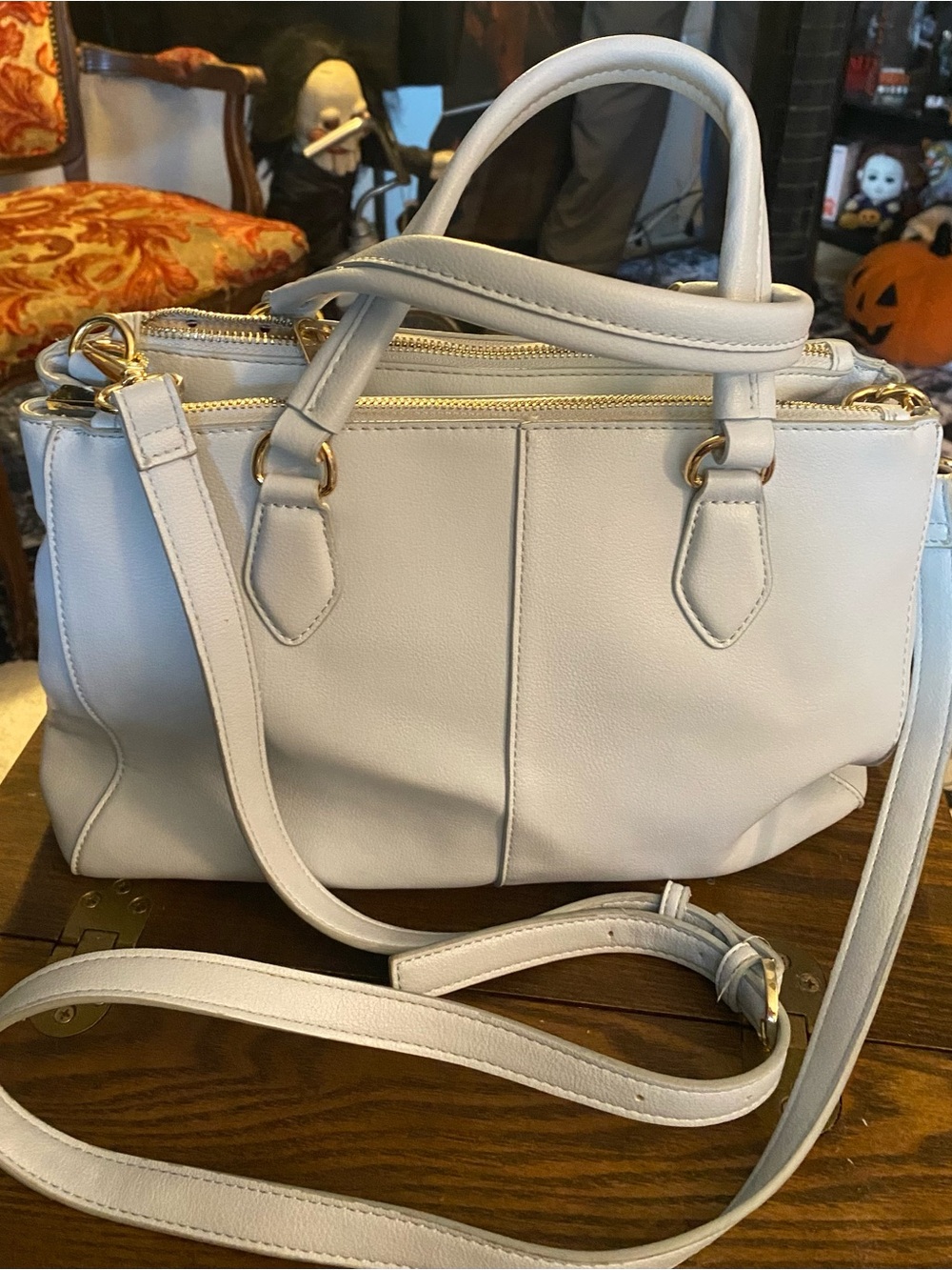 Classic Women's White Satchel Tote Bag with Gold Hardware